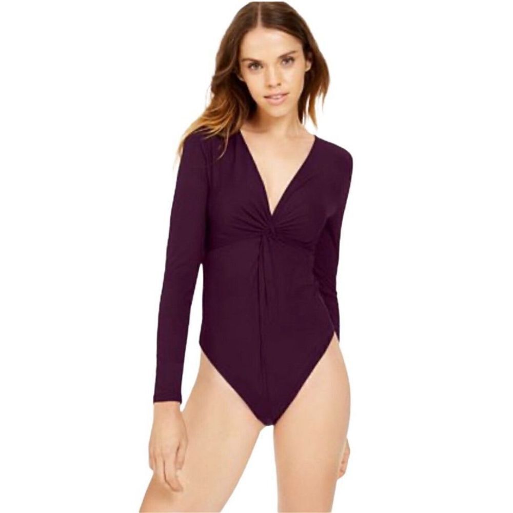 BAR III Long Sleeve Bodysuit Size S Burgundy Red‎ Snap Button Close V Neck